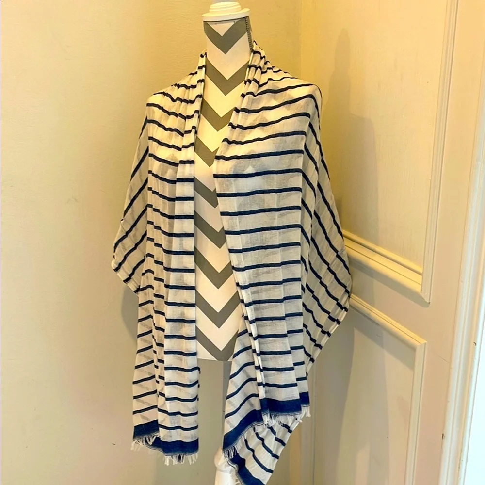 Nautical Blue White Striped Women's Fringe Scarf Shawl Wrap Blanket One Size